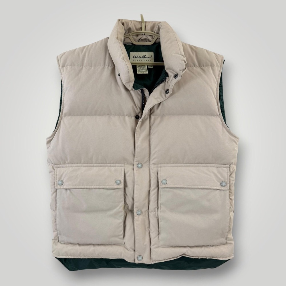 Eddie Bauer Goose Down Puffer Vest Mens M Beige Outdoor Full Zip